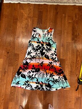 Chico's Tropical Stripe A-Line Dress in Aqua, Orange, Red, Black